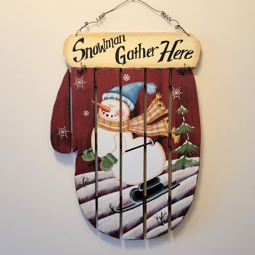 Slatted Wood Snowman Gather Here Hanging Mitten Sign Snow 13"x18.5" Large